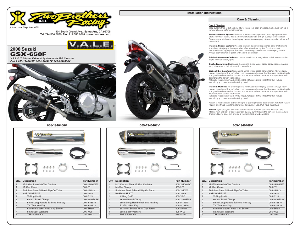 V.a.l.e, Gsx-650f, 2008 suzuki | Two Brothers Racing Suzuki GSX-650F User Manual | Page 2 / 2