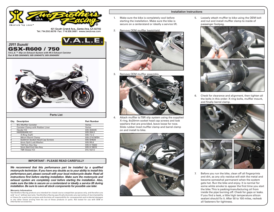 Two Brothers Racing 2011 Suzuki GSX-R600 / 750 User Manual | 2 pages