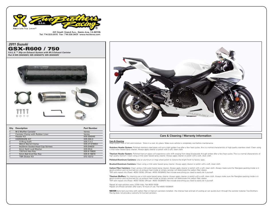 2011 suzuki | Two Brothers Racing 2011 Suzuki GSX-R600 / 750 User Manual | Page 2 / 2