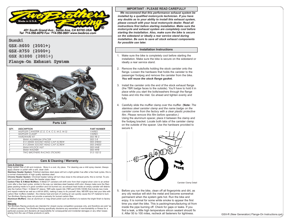 Two Brothers Racing Suzuki GSX-R1000 User Manual | 1 page