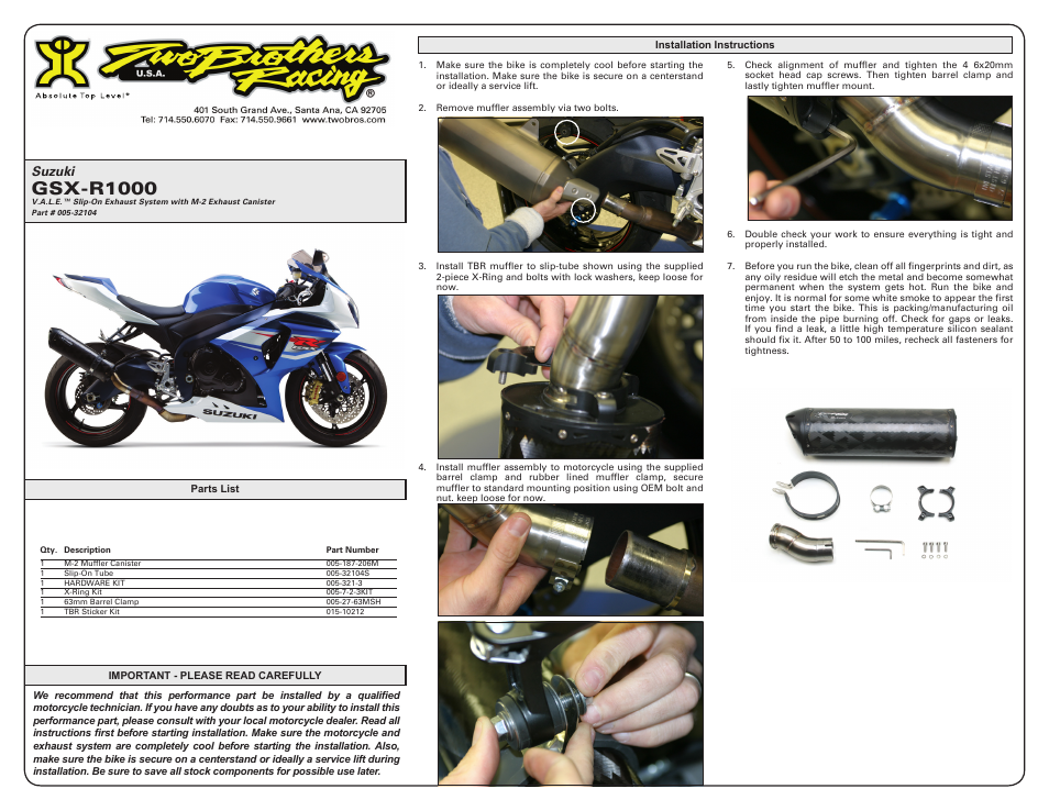 Two Brothers Racing Suzuki GSX-R1000 User Manual | 1 page