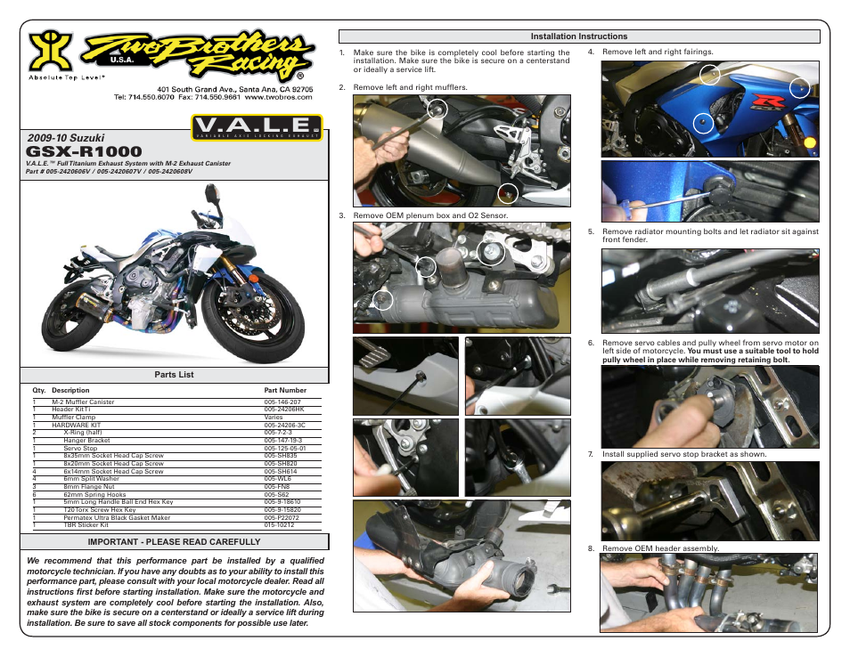 Two Brothers Racing Suzuki GSX-R1000 User Manual | 3 pages