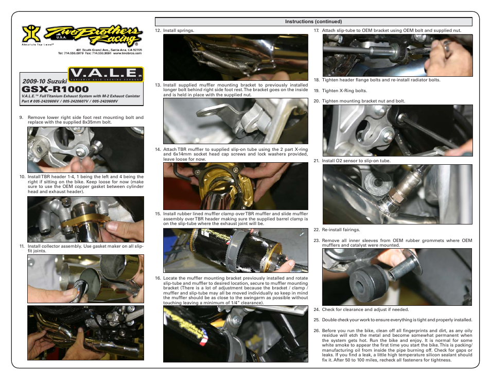 V.a.l.e, Gsx-r1000 | Two Brothers Racing Suzuki GSX-R1000 User Manual | Page 2 / 3