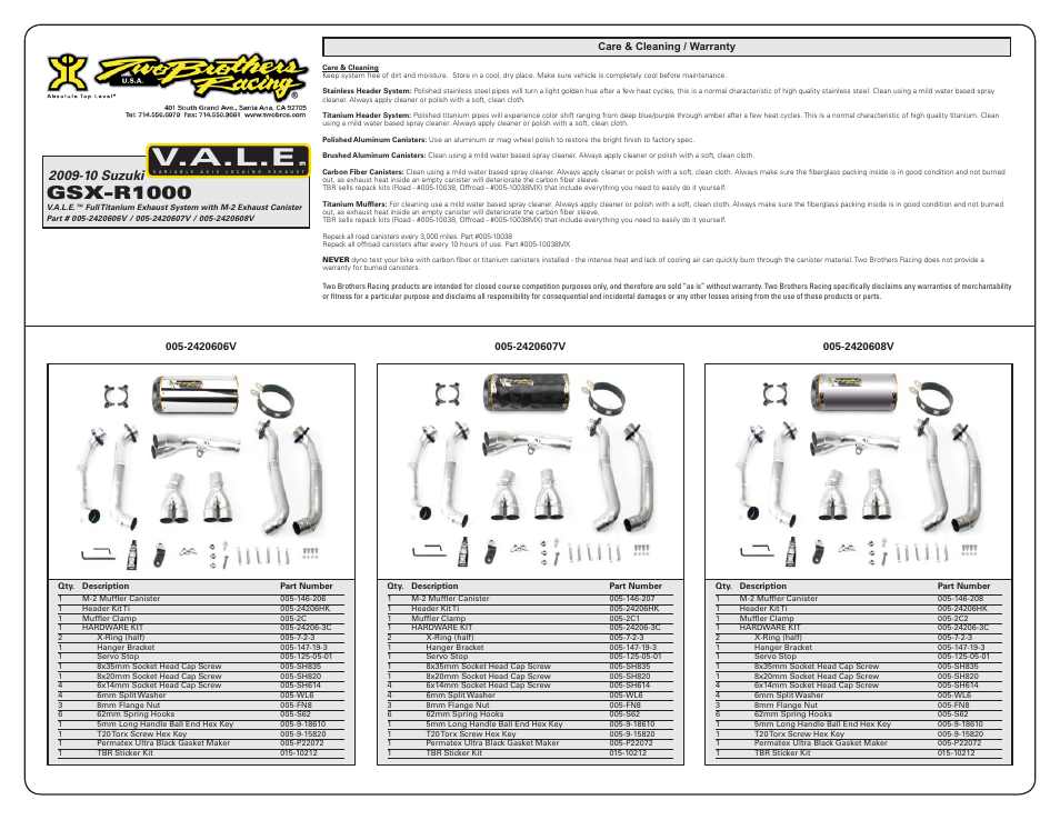 V.a.l.e, Gsx-r1000 | Two Brothers Racing Suzuki GSX-R1000 User Manual | Page 3 / 3