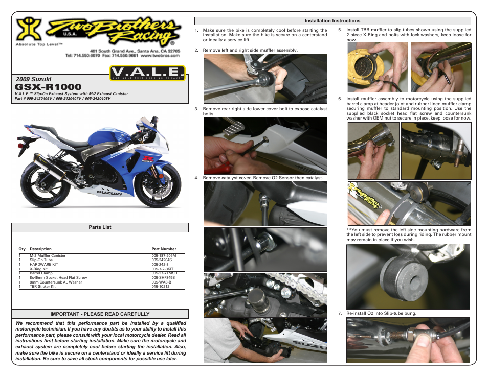 Two Brothers Racing Suzuki GSX-R1000 User Manual | 2 pages