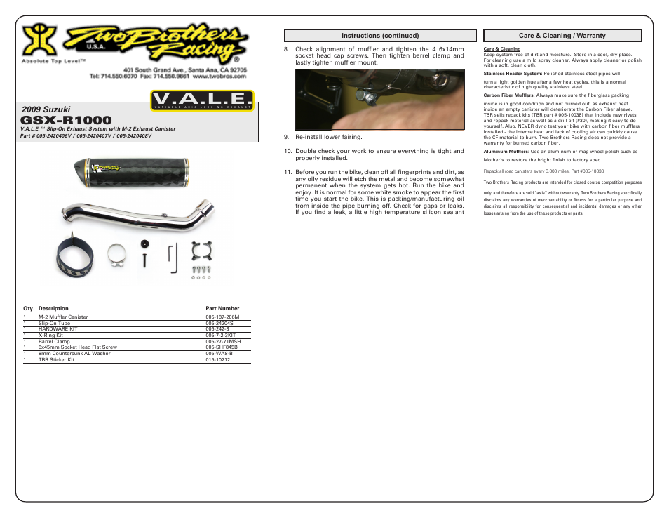 V.a.l.e, Gsx-r1000, 2009 suzuki | Two Brothers Racing Suzuki GSX-R1000 User Manual | Page 2 / 2
