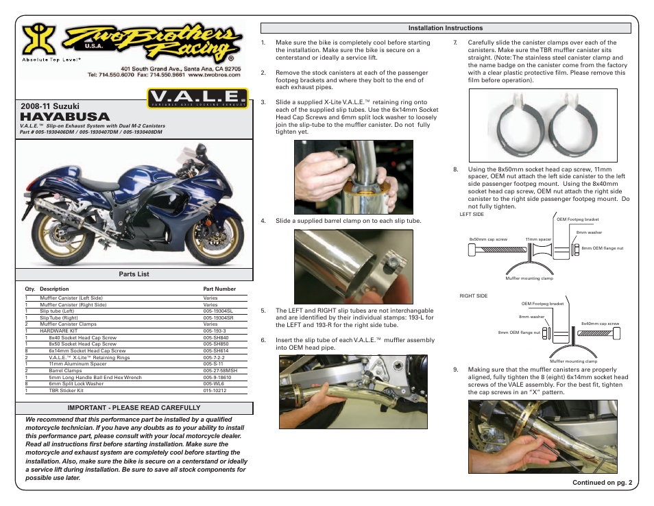 Two Brothers Racing 2008-11 Suzuki HAYABUSA User Manual | 2 pages
