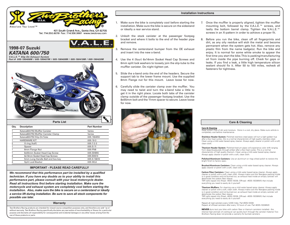 Two Brothers Racing Suzuki Katana 750 User Manual | 2 pages