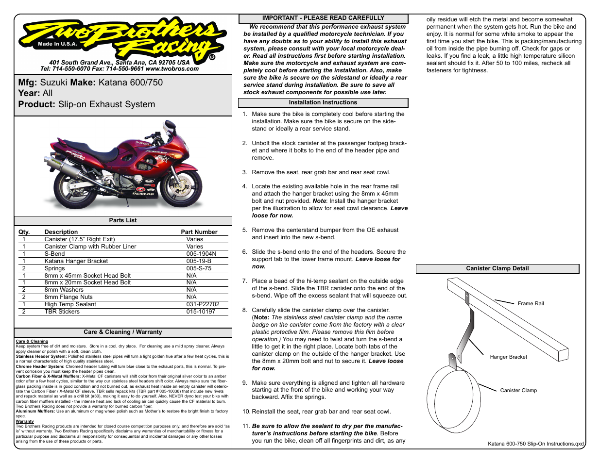 Two Brothers Racing Suzuki Katana 750 User Manual | 1 page