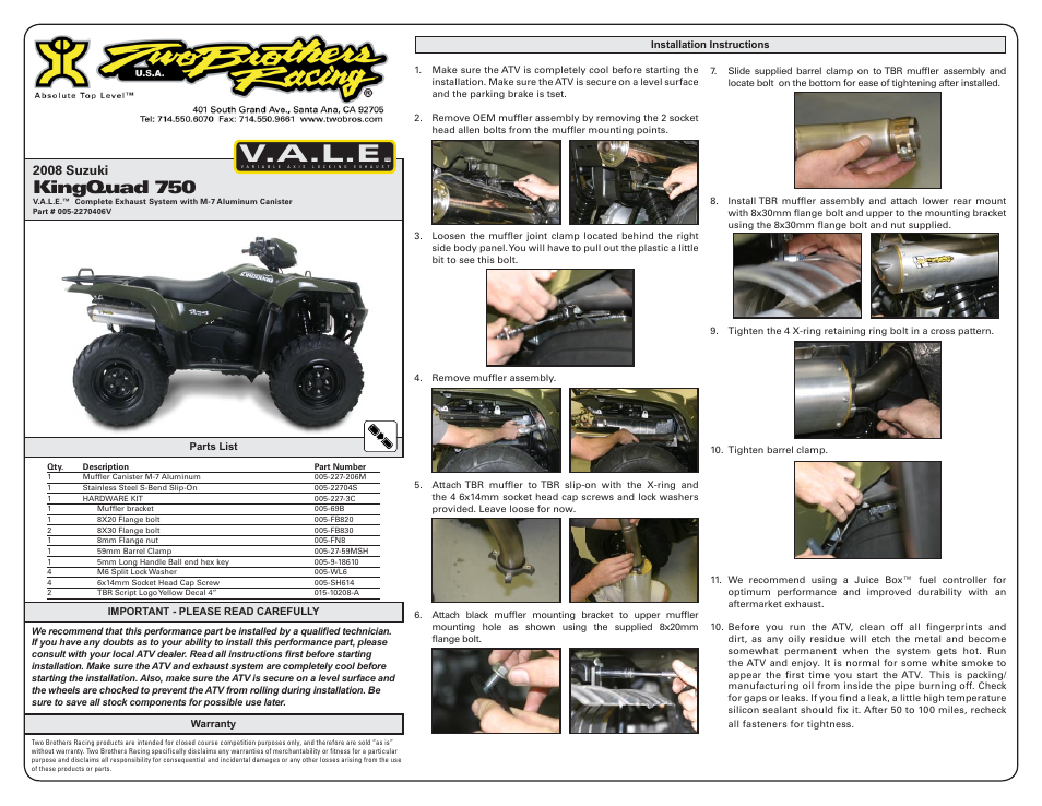 Two Brothers Racing Suzuki KingQuad 750 User Manual | 2 pages