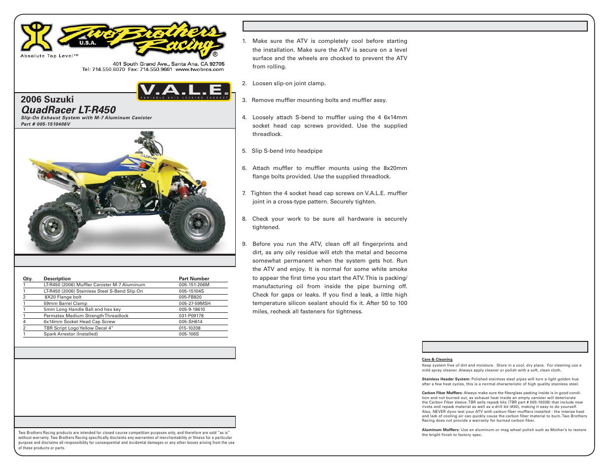 Two Brothers Racing Suzuki LT-R450 User Manual | 2 pages