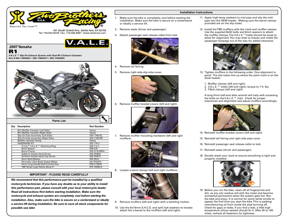 Two Brothers Racing Suzuki R1 User Manual | 2 pages