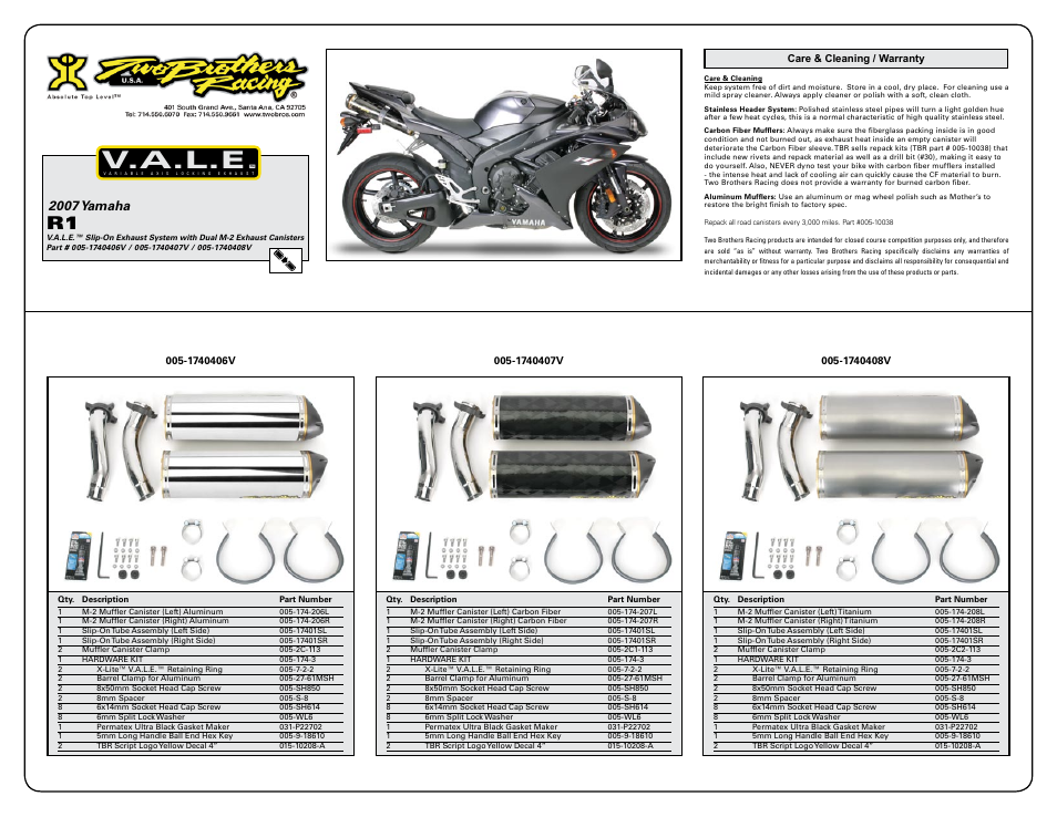 V.a.l.e, 2007 yamaha | Two Brothers Racing Suzuki R1 User Manual | Page 2 / 2