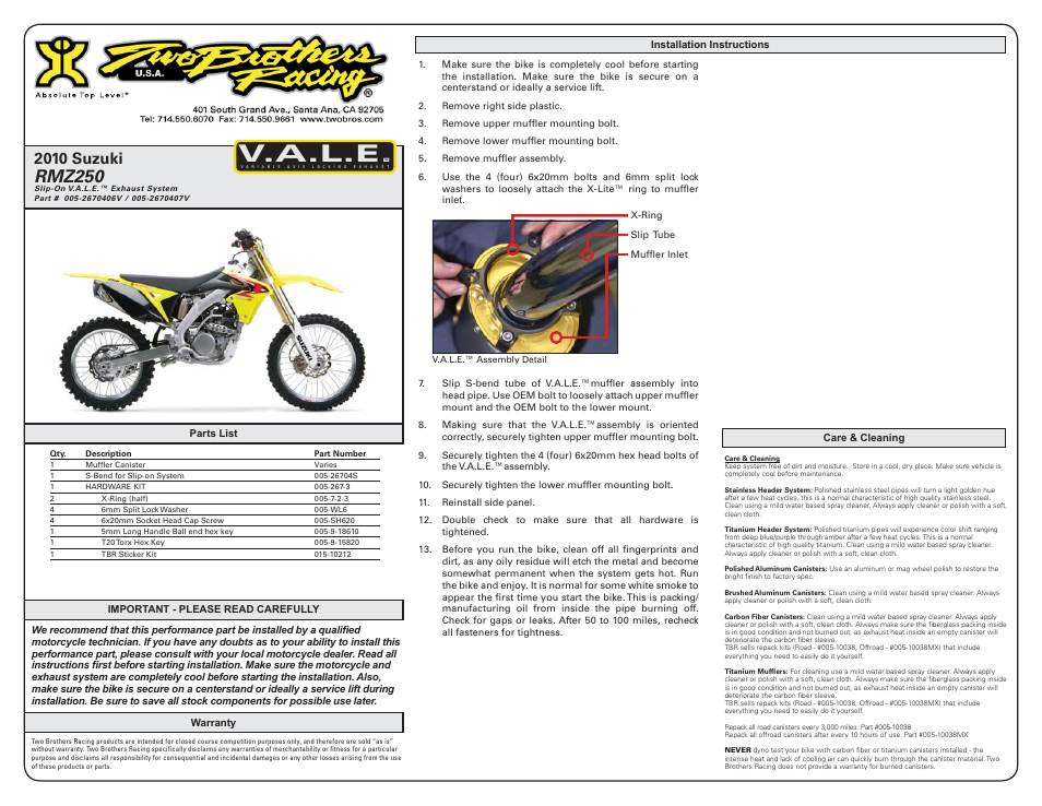 Two Brothers Racing Suzuki RM-Z 250 User Manual | 2 pages