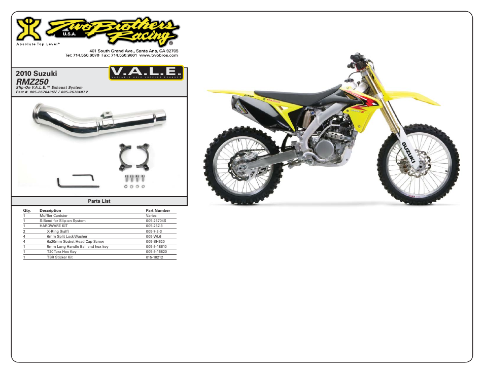 V.a.l.e, Rmz250, 2010 suzuki | Two Brothers Racing Suzuki RM-Z 250 User Manual | Page 2 / 2