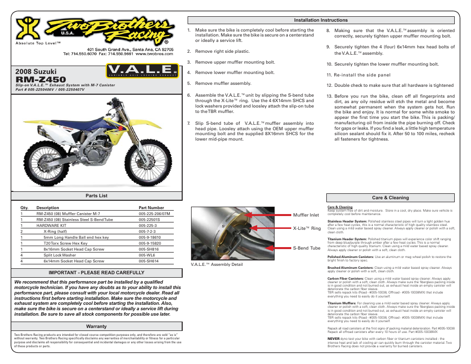 Two Brothers Racing Suzuki RM-Z 450 User Manual | 2 pages