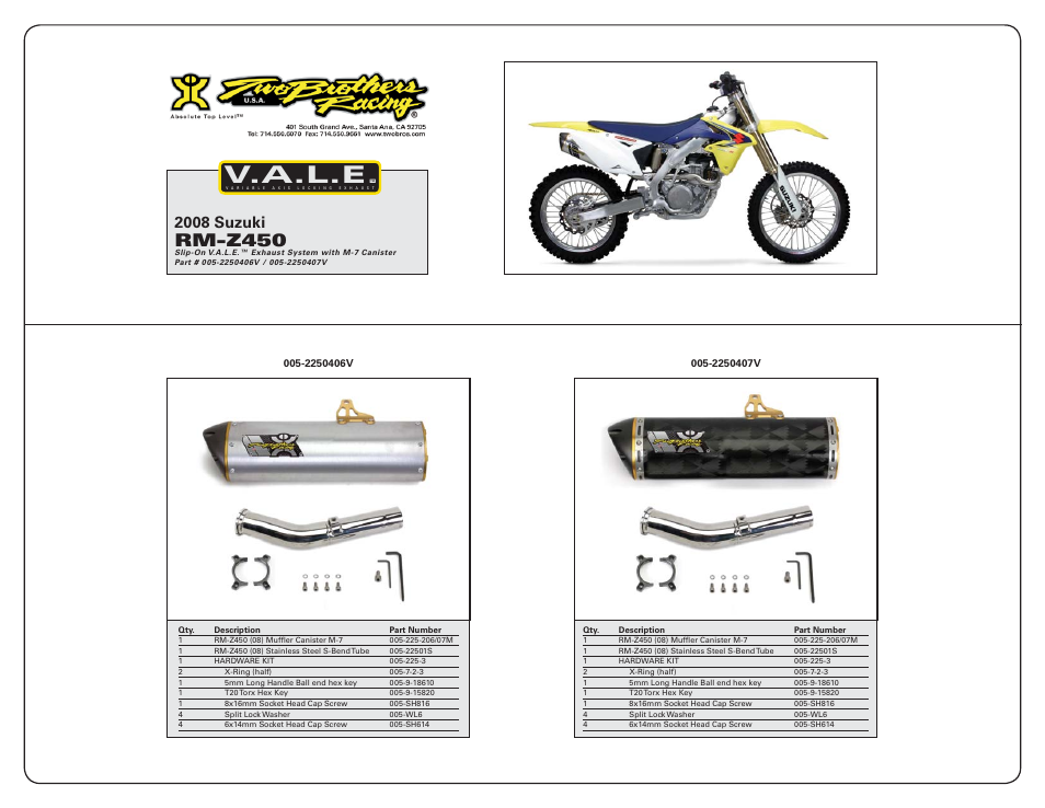 V.a.l.e, Rm-z450, 2008 suzuki | Two Brothers Racing Suzuki RM-Z 450 User Manual | Page 2 / 2