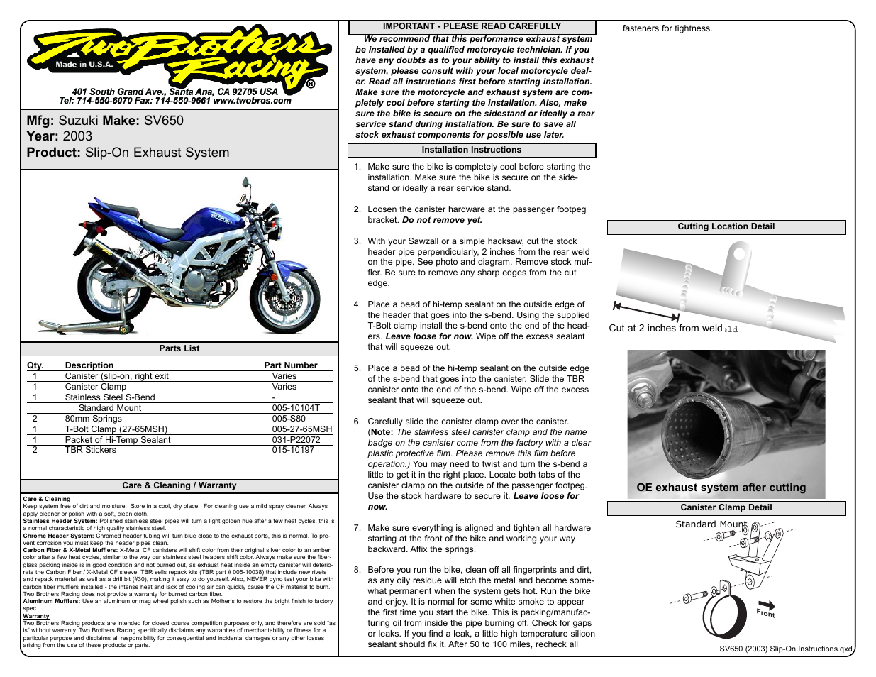 Two Brothers Racing Suzuki SV650 User Manual | 1 page