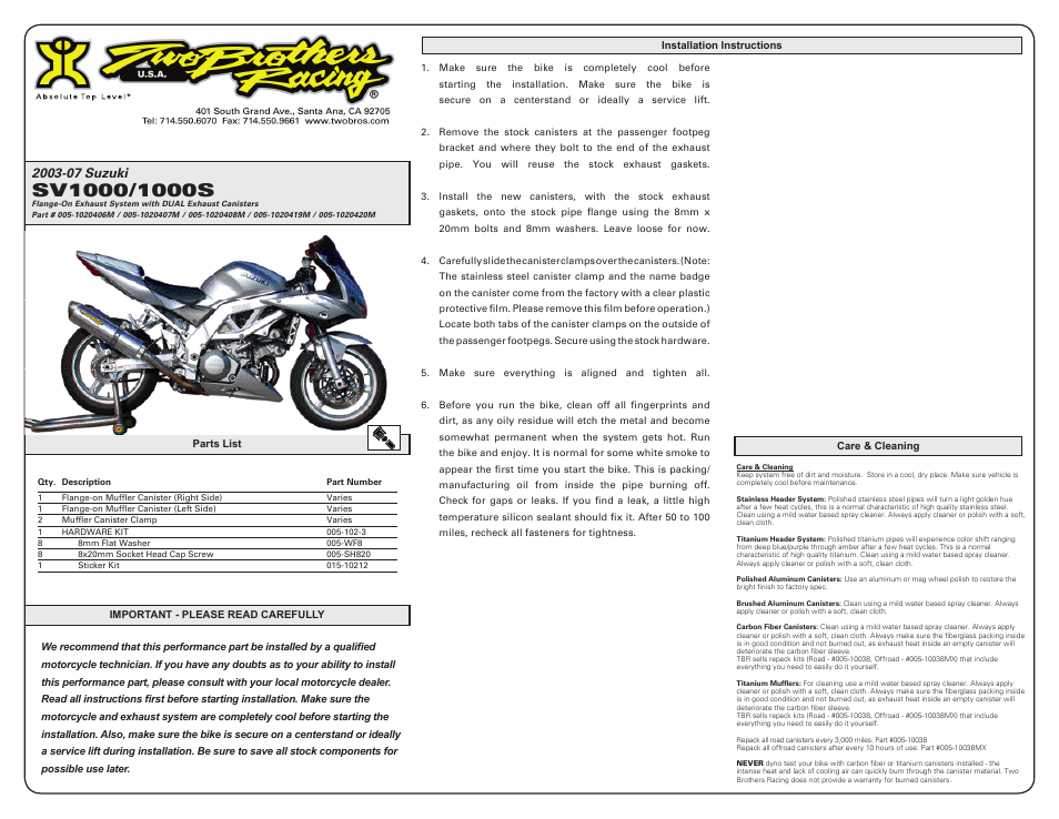 Two Brothers Racing Suzuki SV1000 User Manual | 2 pages