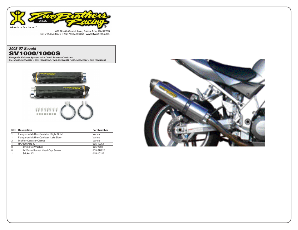Two Brothers Racing Suzuki SV1000 User Manual | Page 2 / 2