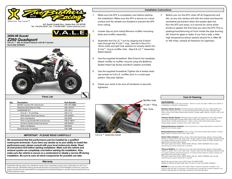 Two Brothers Racing Suzuki Z250 Quadsport User Manual | 2 pages