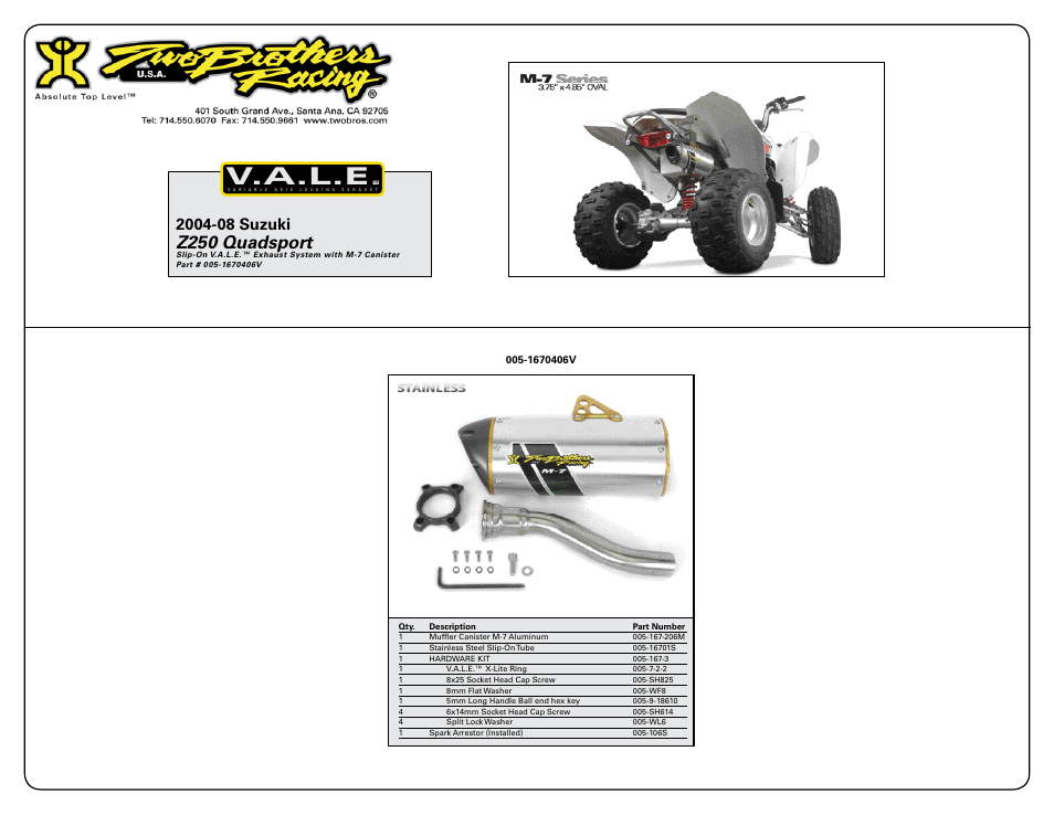 V.a.l.e, Z250 quadsport | Two Brothers Racing Suzuki Z250 Quadsport User Manual | Page 2 / 2