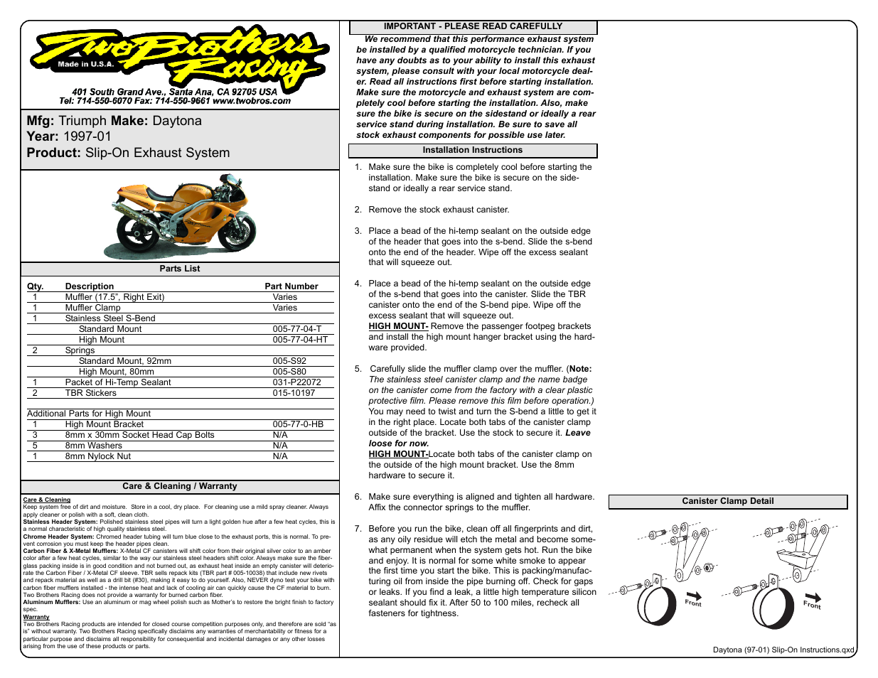 Two Brothers Racing Triumph Speed Triple User Manual | 1 page