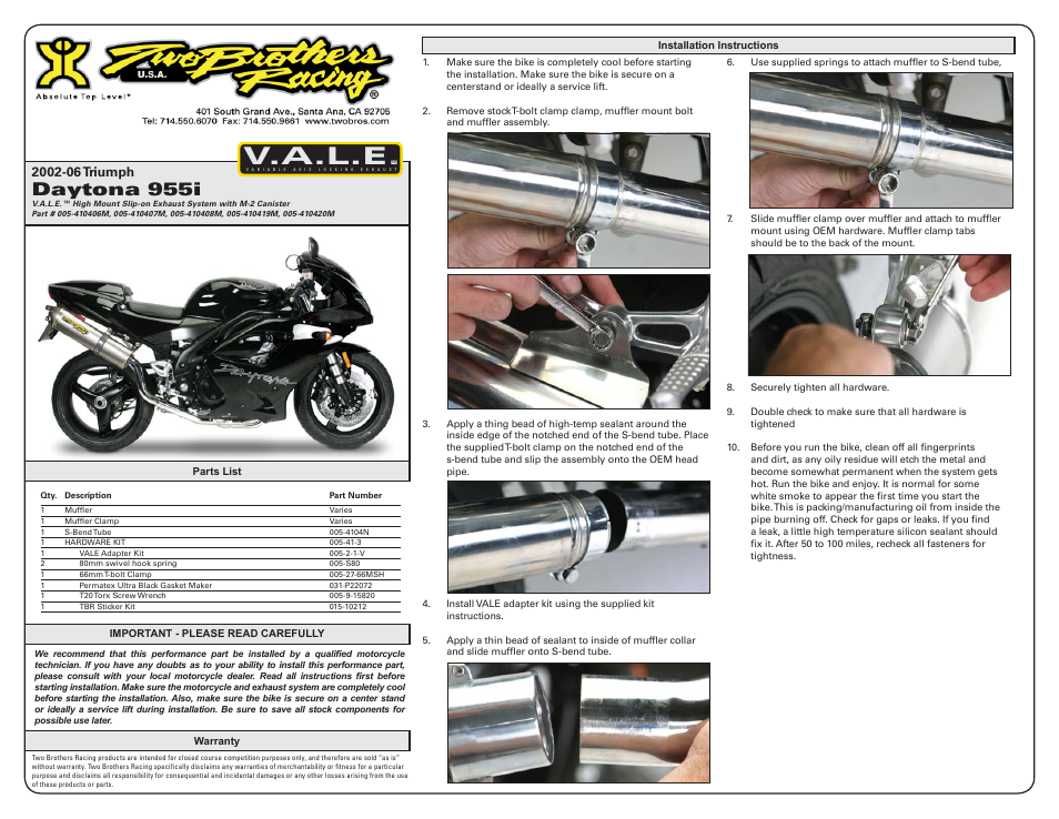 Two Brothers Racing Triumph Daytona 955i CE User Manual | 1 page