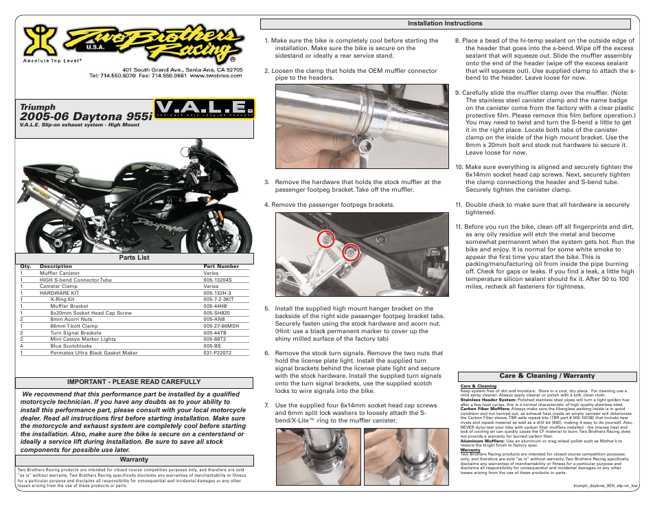 Two Brothers Racing Triumph Daytona 955i User Manual | 1 page