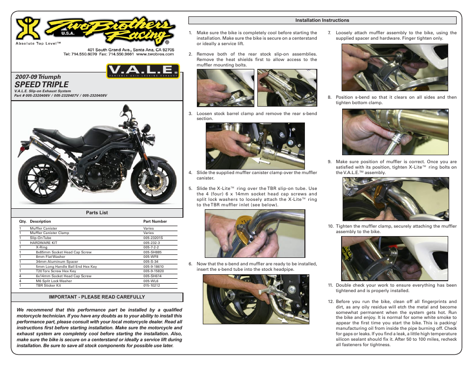 Two Brothers Racing Triumph Speed Triple User Manual | 2 pages