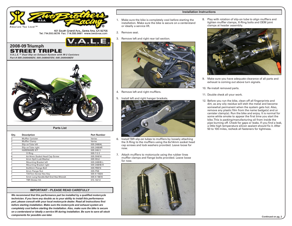 Two Brothers Racing Triumph Street Triple User Manual | 2 pages