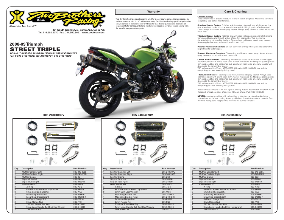 Street triple | Two Brothers Racing Triumph Street Triple User Manual | Page 2 / 2