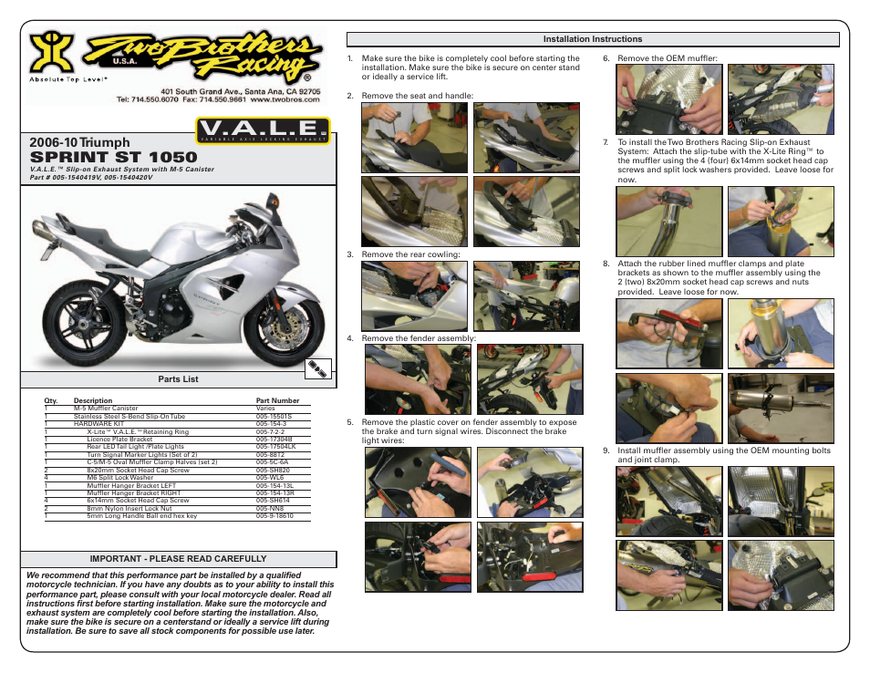 Two Brothers Racing Triumph Sprint ST 1050 User Manual | 3 pages