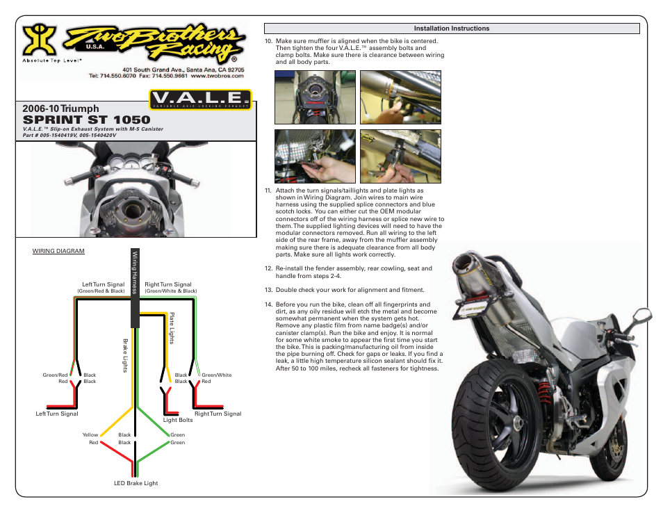 V.a.l.e, Sprint st 1050 | Two Brothers Racing Triumph Sprint ST 1050 User Manual | Page 2 / 3