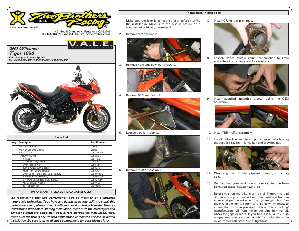 Two Brothers Racing Triumph Tiger 1050 User Manual | 2 pages