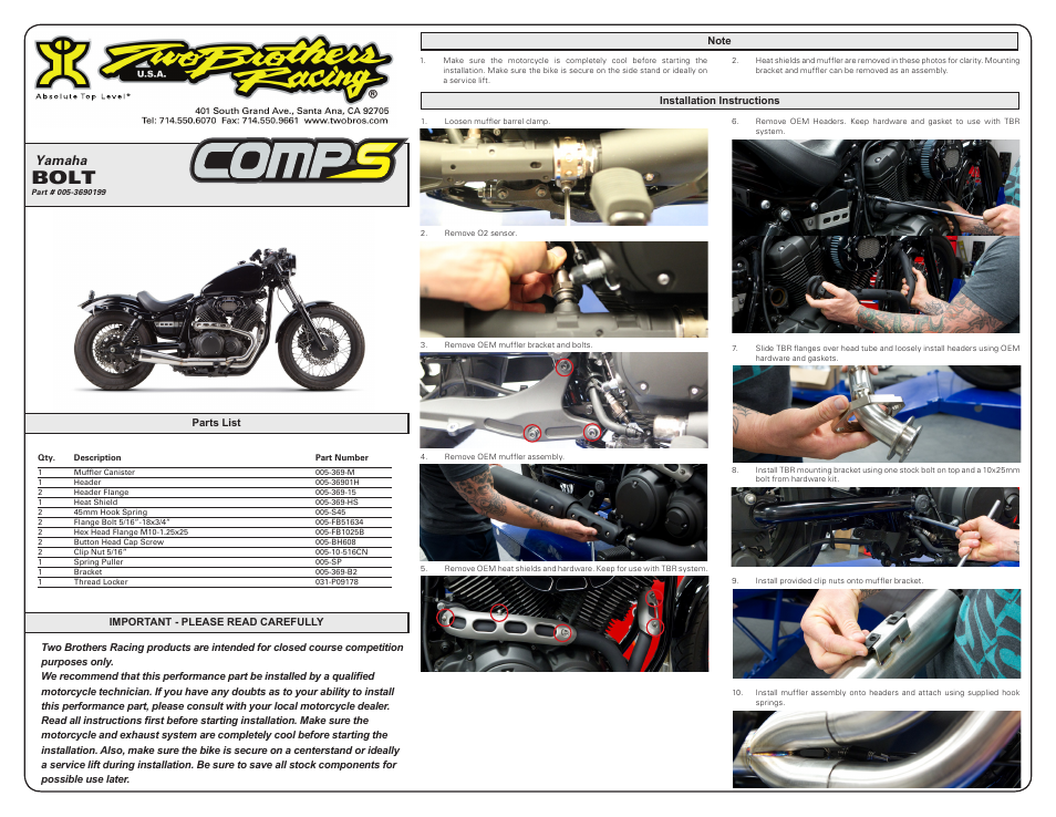 Two Brothers Racing Yamaha Bolt User Manual | 2 pages