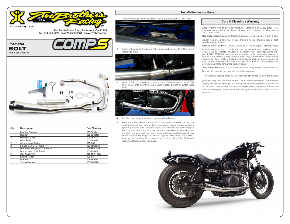 Bolt, Yamaha | Two Brothers Racing Yamaha Bolt User Manual | Page 2 / 2