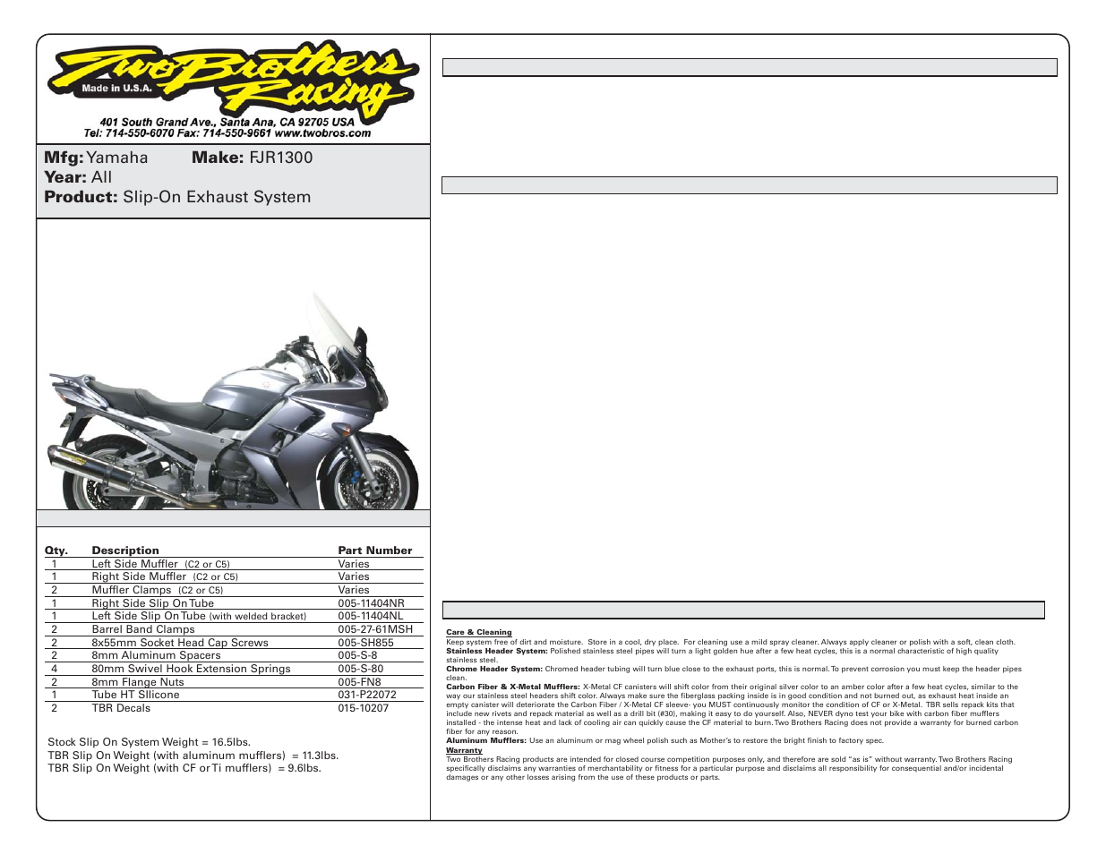 Two Brothers Racing Yamaha FJR1300 User Manual | 1 page