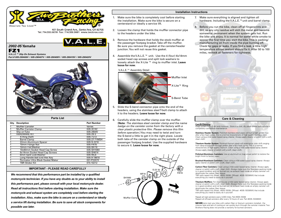 Two Brothers Racing Yamaha FZ1 User Manual | 2 pages