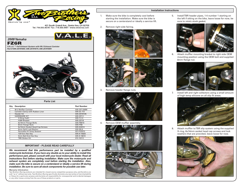 Two Brothers Racing Yamaha FZ6R User Manual | 2 pages