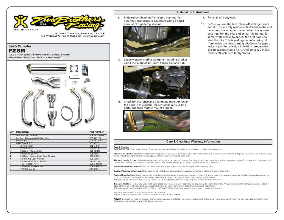 Fz6r, 2009 yamaha | Two Brothers Racing Yamaha FZ6R User Manual | Page 2 / 2