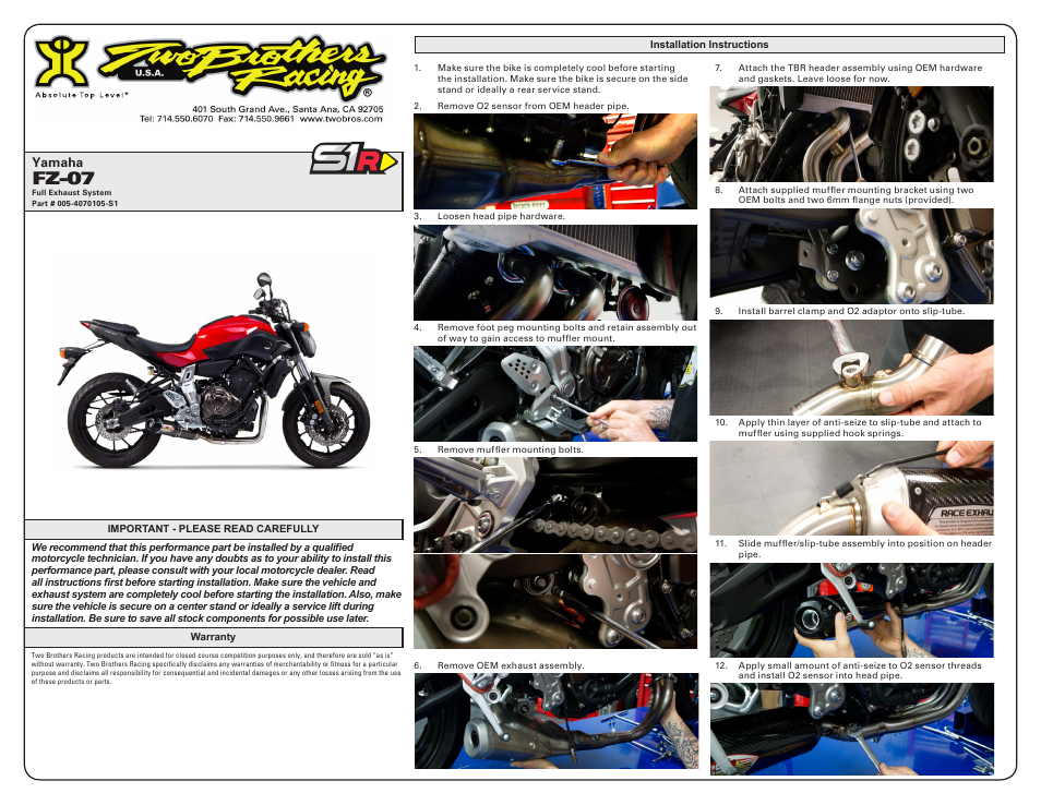 Two Brothers Racing Yamaha FZ07 User Manual | 2 pages