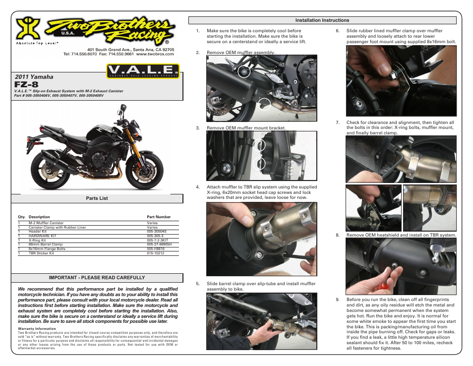Two Brothers Racing Yamaha FZ8 User Manual | 2 pages