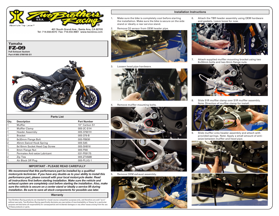 Two Brothers Racing Yamaha FZ09 User Manual | 2 pages