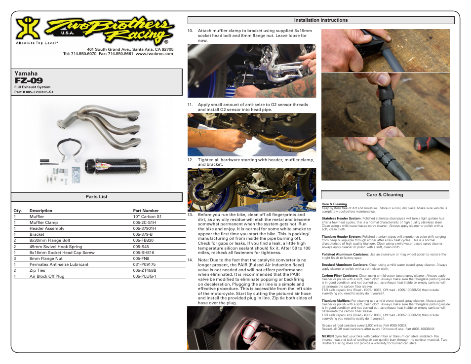 Fz-09, Yamaha | Two Brothers Racing Yamaha FZ09 User Manual | Page 2 / 2