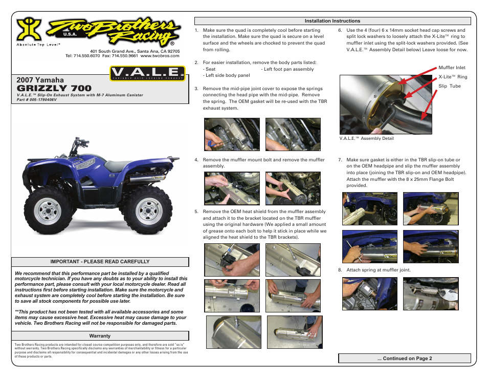 Two Brothers Racing Yamaha Grizzly 700 User Manual | 2 pages