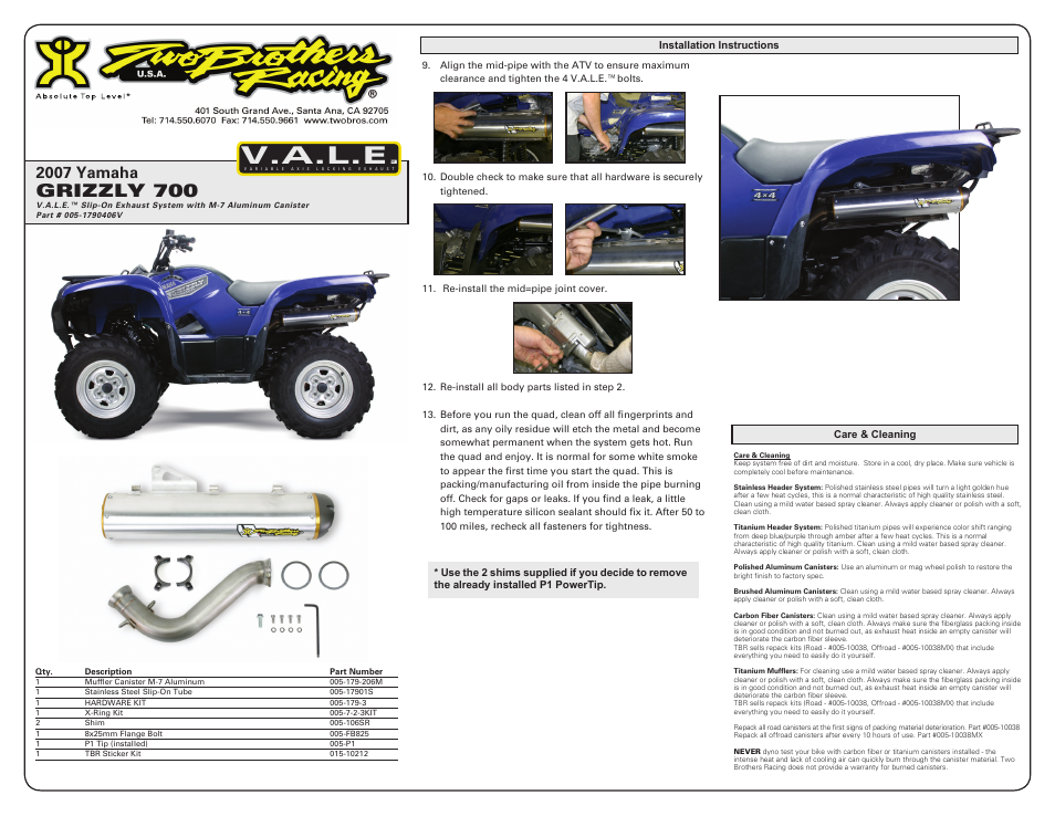 V.a.l.e, Grizzly 700, 2007 yamaha | Two Brothers Racing Yamaha Grizzly 700 User Manual | Page 2 / 2