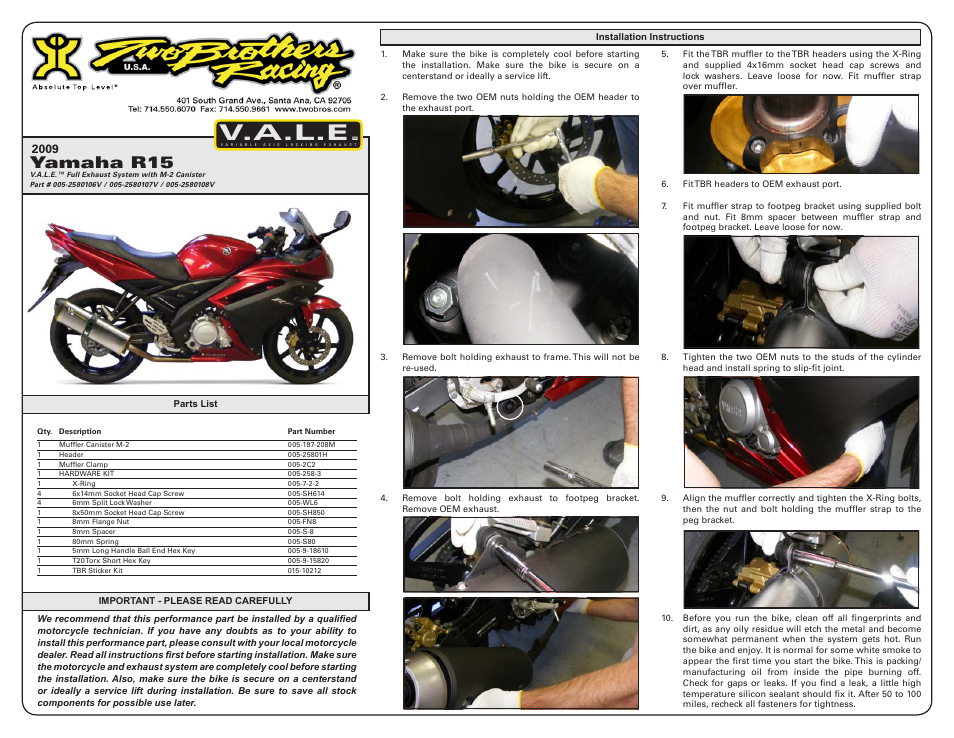 Two Brothers Racing Yamaha R15 User Manual | 2 pages