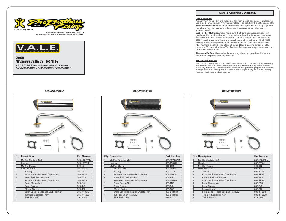V.a.l.e, Yamaha r15 | Two Brothers Racing Yamaha R15 User Manual | Page 2 / 2