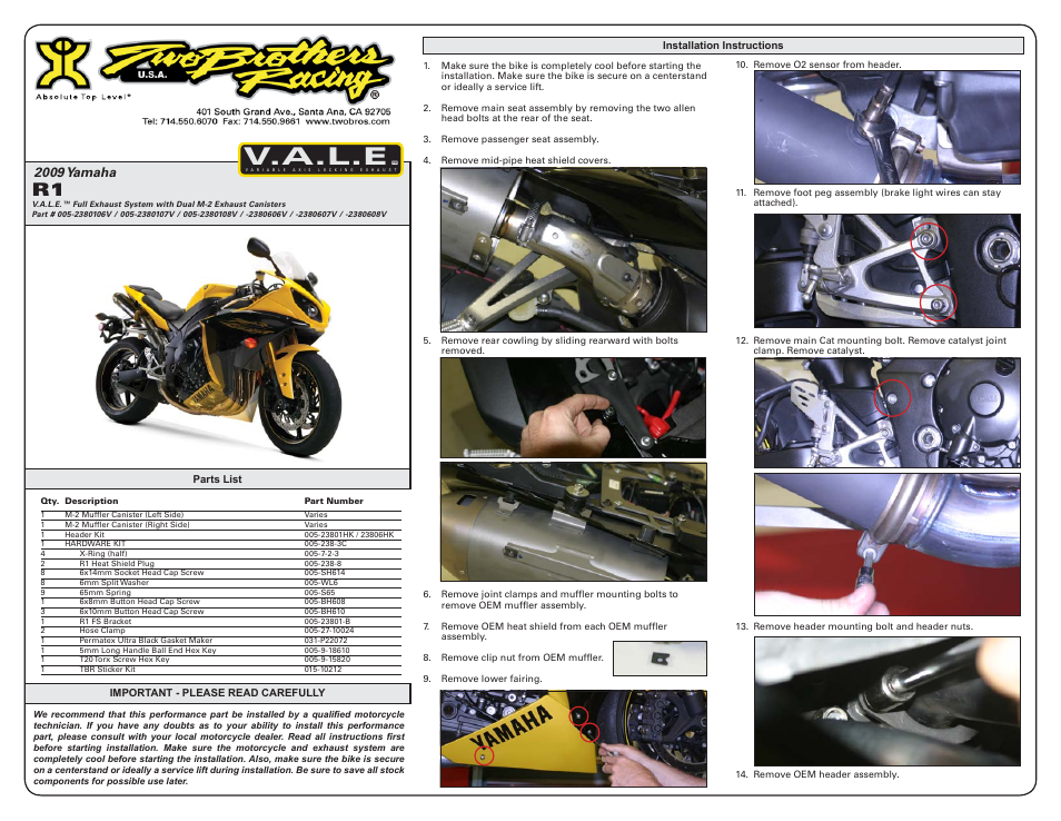 Two Brothers Racing Yamaha R1 User Manual | 3 pages